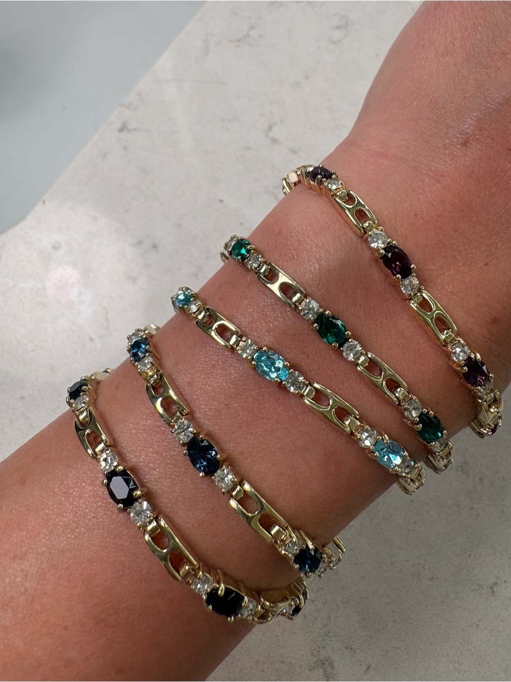 Set of 5 Gold Tone Tennis Bracelets with Colored Stones